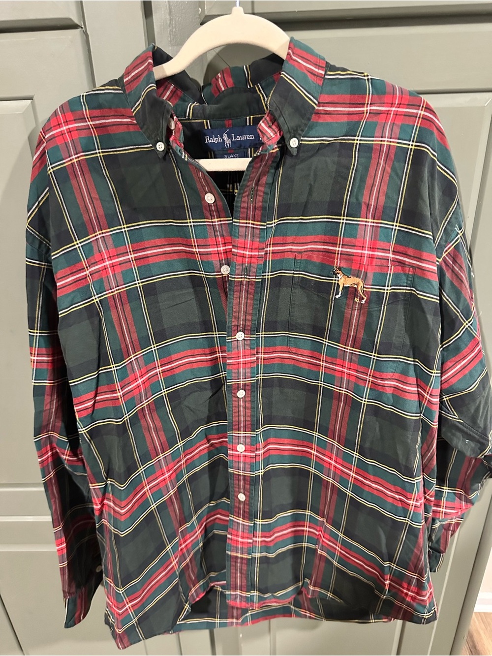 Ralph Lauren Men’s Green & Red Plaid Button-Down Shirt Vintage Embroidered Dog
